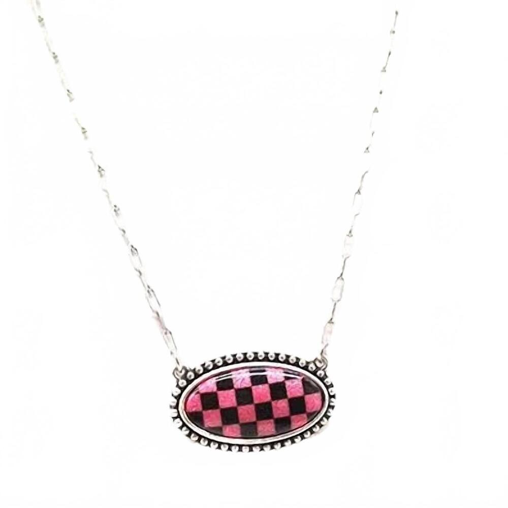 NEW SNOWING WEST women's checkered oval pendant necklace in fuchsia/ black